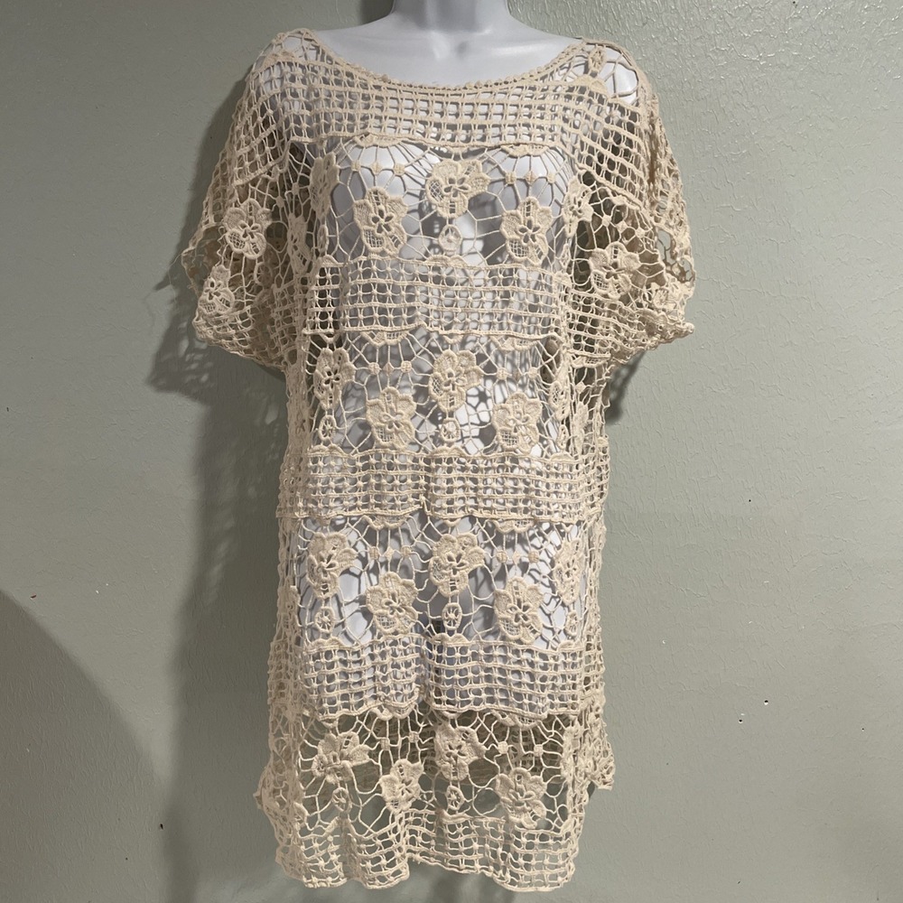 Club Z Long Crochet Top Cream Tunic ‎ Dress Cover Up Open Knit Swim L/XL Resort